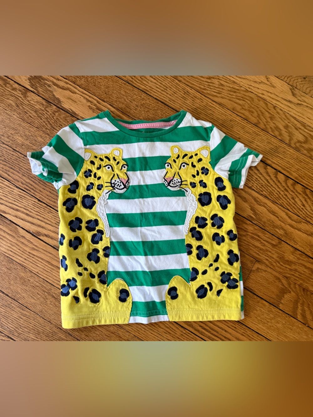 Mini Boden Green & White Striped Leopard Tee - Size 3 / 4
